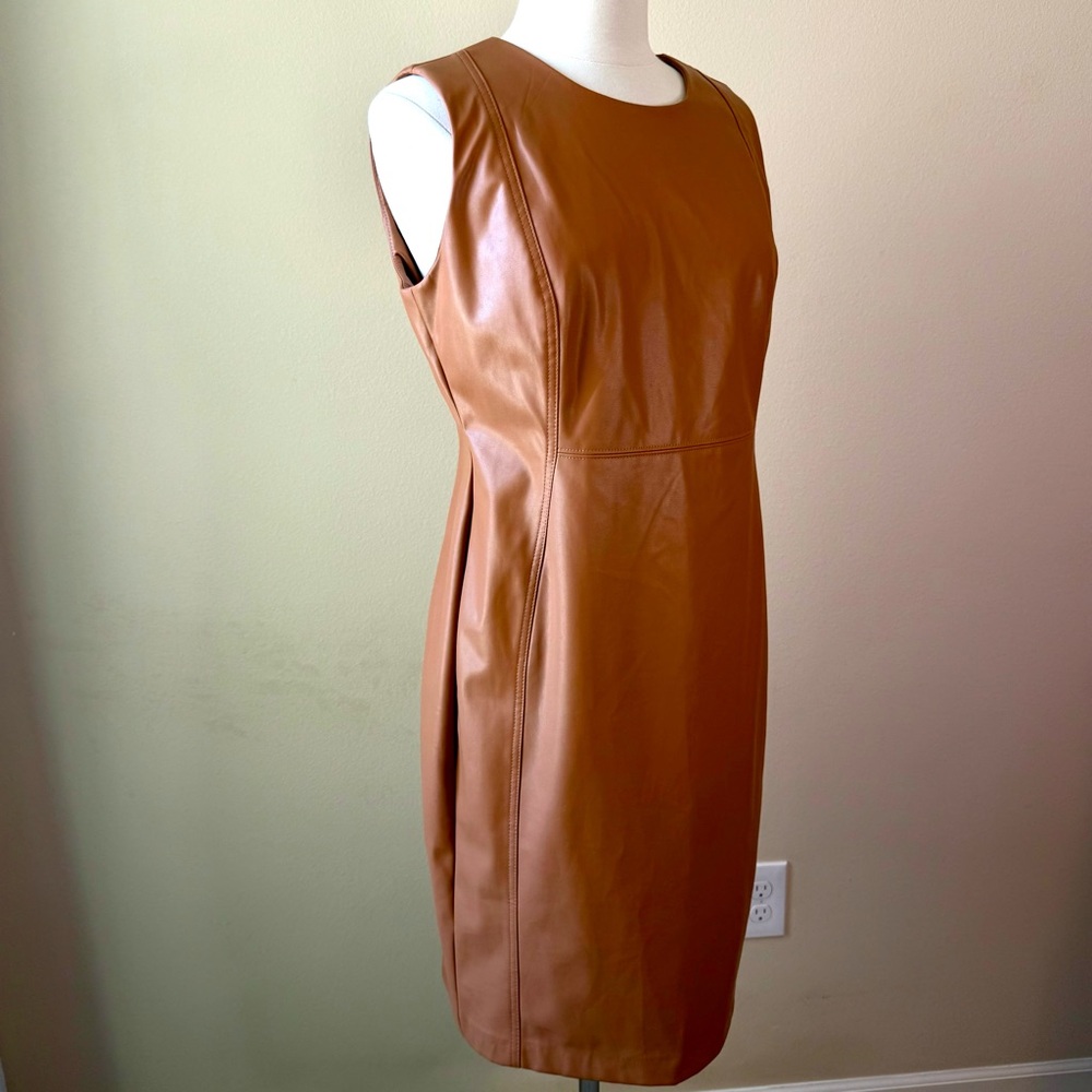 CALVIN KLEIN Sleeveless Faux Leather Dress Size 14 Camel Tan - Picture 6 of 15